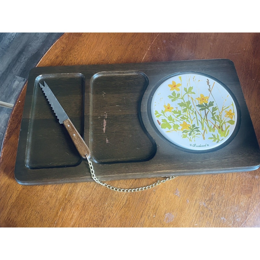 Vintage Goodwood Cheese Board Wood Cracker Tray Ceramic Tile Yellow Wildflowers